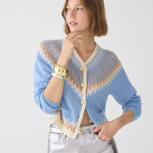 Crew Fair Isle Brushed Yarn Cardigan Sweater in Frosted Tundra